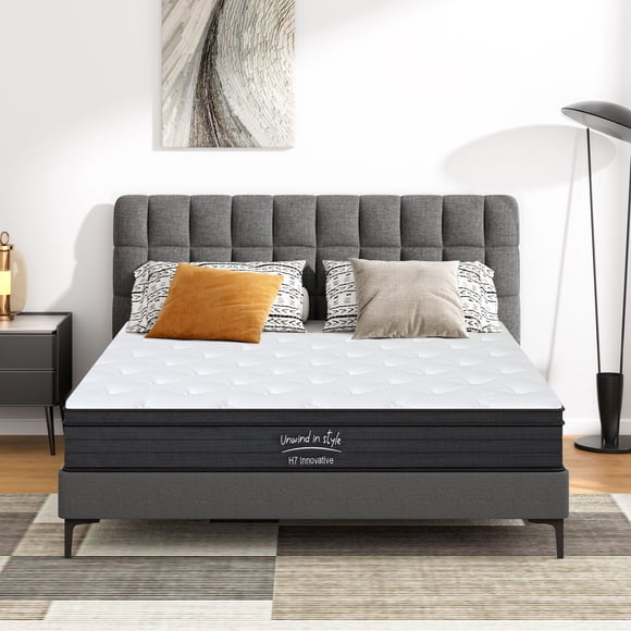 Queen Size Hybrid Mattress - 8 Inch Gel Memory Foam & Pocketed Spring - Medium Firm Support for Bedroom & Guest Room - White & Gray Comfort
