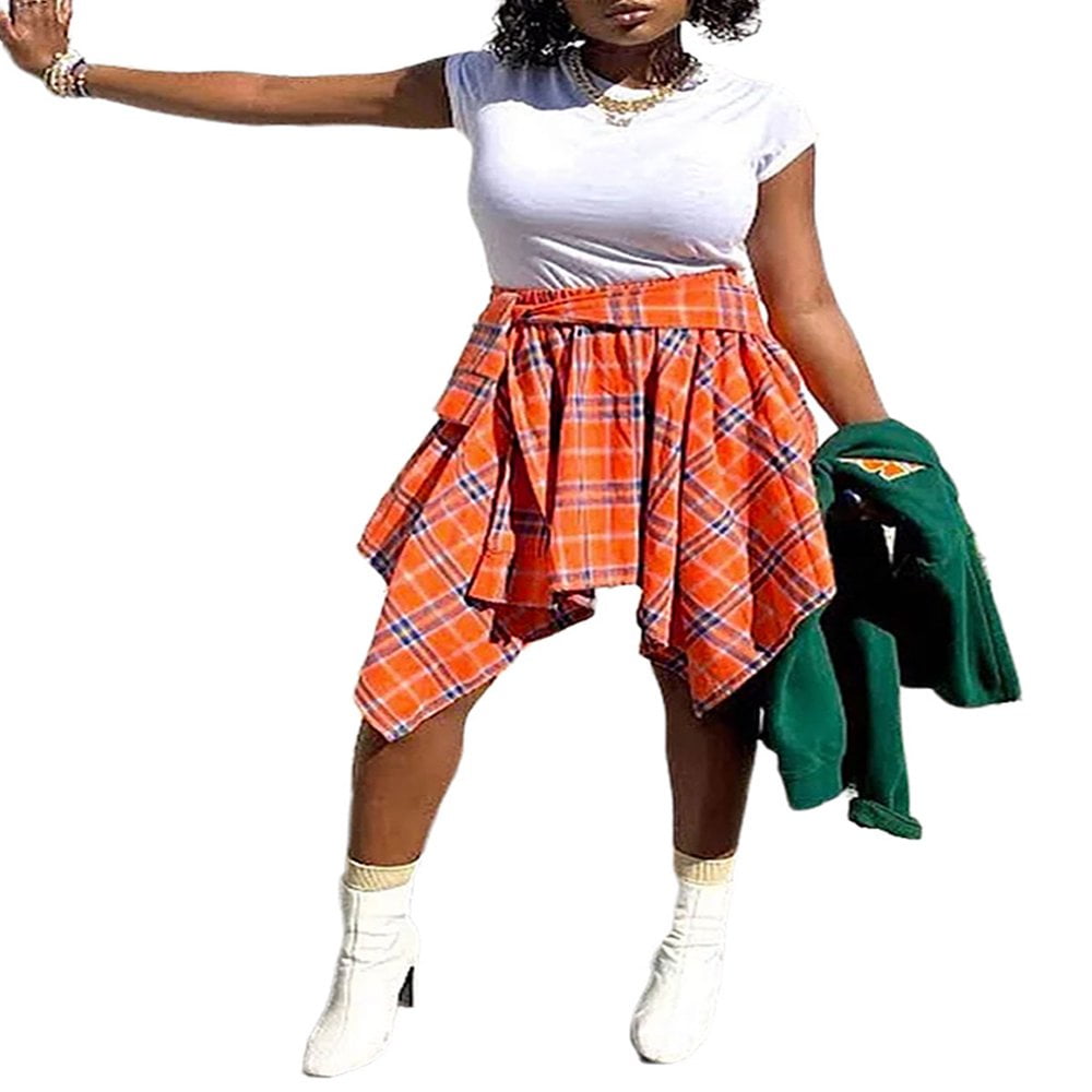 Jupe Courte Femme à Carreaux Taille Haute Irrégulière Style Chemise Jupes  Été Ample Patinage Mini Jupe