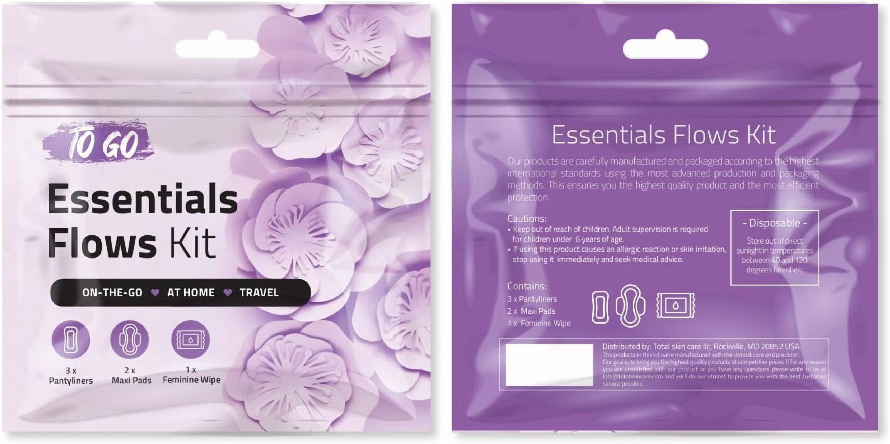 Essential Flows Kit with 3 Pantiliners, 2 Maxi Pads & 1 Feminine Wipe – Light Daily Period Care for Women & Girls – Travel Hygiene Pack (Purple) (100)