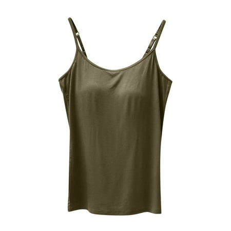 Cami Tops with Built in Bra Woman Modal Built-in Bra Padded Camisole Yoga Tanks Adjustable Spaghetti Strap Vest (Medium  Army Green)