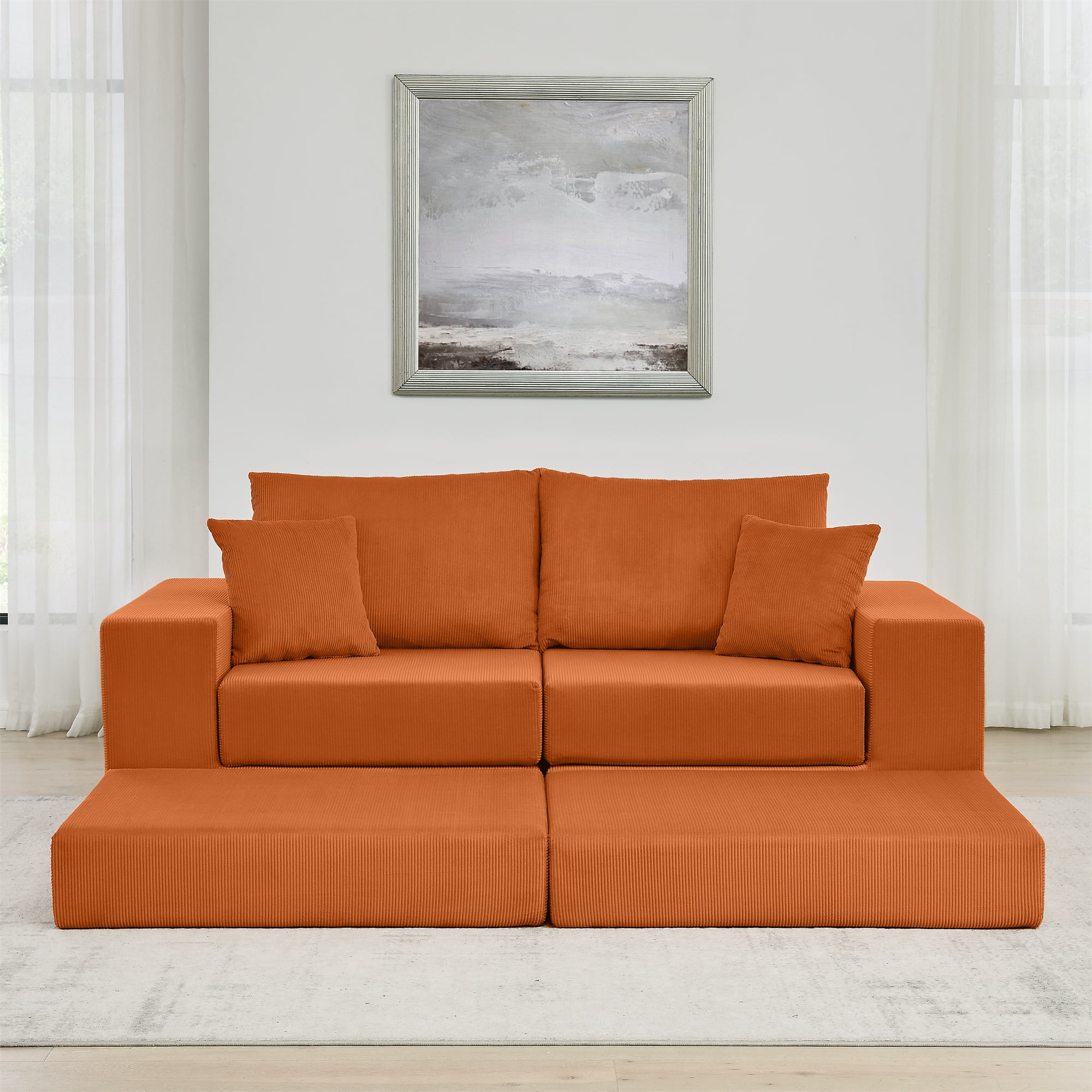 Miniyam No Assembly Sectional Sofa, Ready-to-Use Modular Cloud Couch, Corduroy Deep Seat with Ottoman and Pillows, Unbox and Relax, Orange