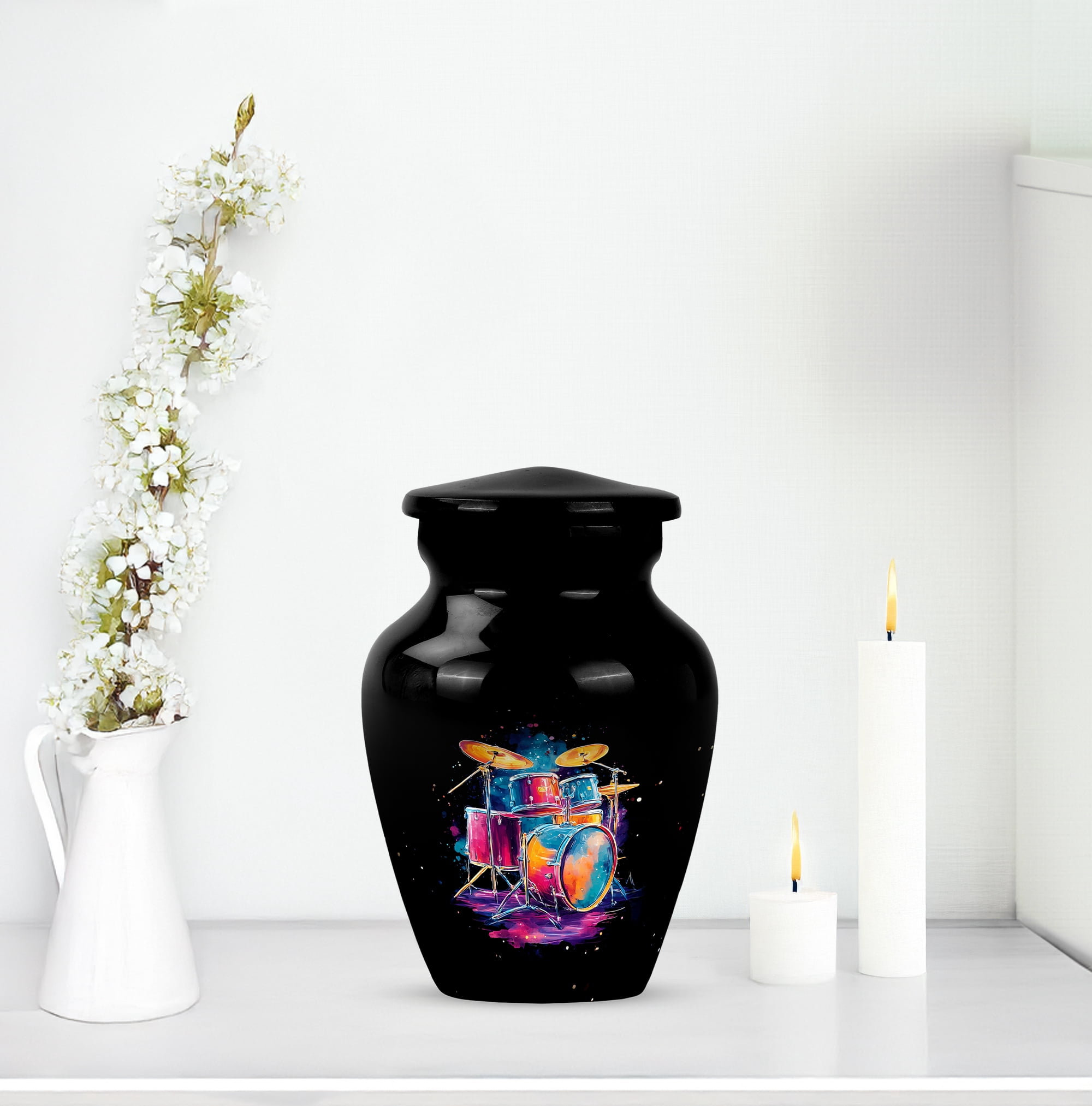 Neon Drummer Memorial Keepsake Urns Set Of 4, Mini Cremation Urns For Ashes Adult Male, Rock Drummer Tribute Urn, Small Neon Music Keepsake Containers Urn,(Size, 3 Inch, 4 Pcs)