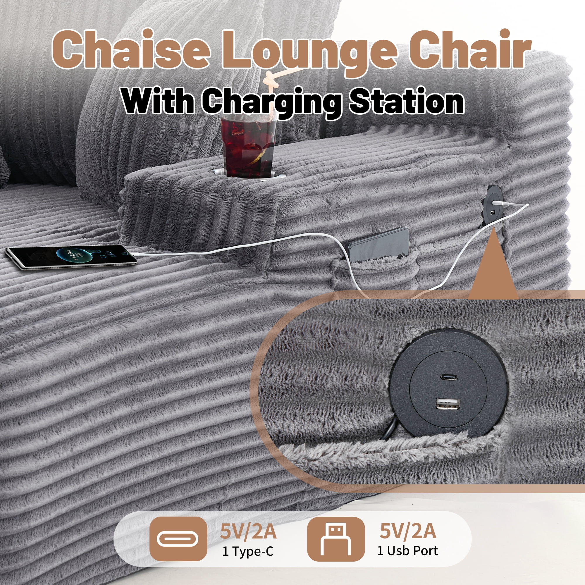 66 Inch Chaise Lounge Chair for Indoor Use, Oversized Corduroy Upholstered Boneless Sofa Bed, Deep Seat Sleeper Couch, No Assembly Required，800lb Support gray