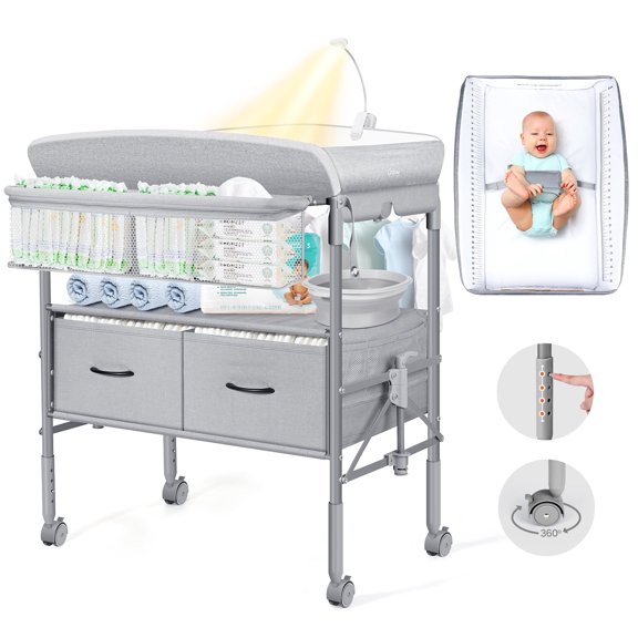 Orzbow Foldable 2 Drawer Diaper Changing Table with Safety Belt, Nightlight, Gray