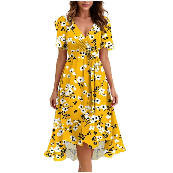 YuXingFu Cotton Dresses for Women Mid-Length V-Neck Plus Size Womens Dress Short Sleeve Floral Casual Summer Yellow S