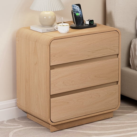 Hommpa Modern 3 Drawers Nightstand with Charging Station, 22.8" Wide Curved Wood Bedside Table with Drawers for Bedroom, Large End Side Table for Living Room, Natural Oak