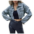 thumbnail image 3 of TTUHYWXI Women's Long Sleeves Denim Jean Jacket Regular Fit Single Crop Hem Denim Jacket (Dark Blue, L), 3 of 9