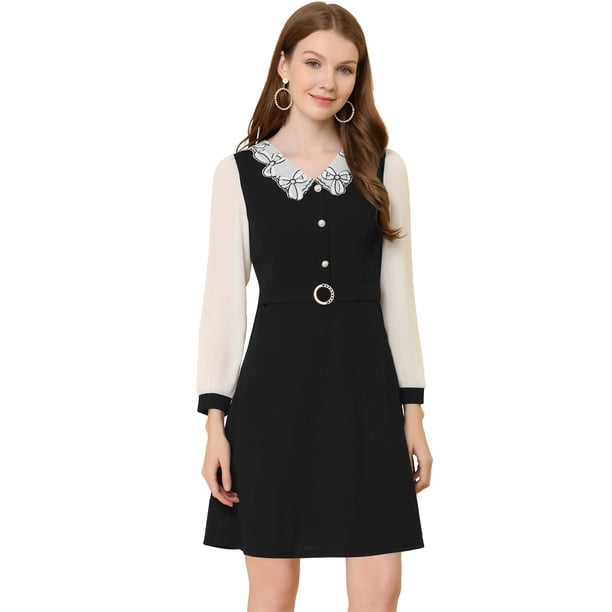 Vestido Midi Elegante Allegra K con Panel De Contrato y Cuello En V para Mujer Negro S