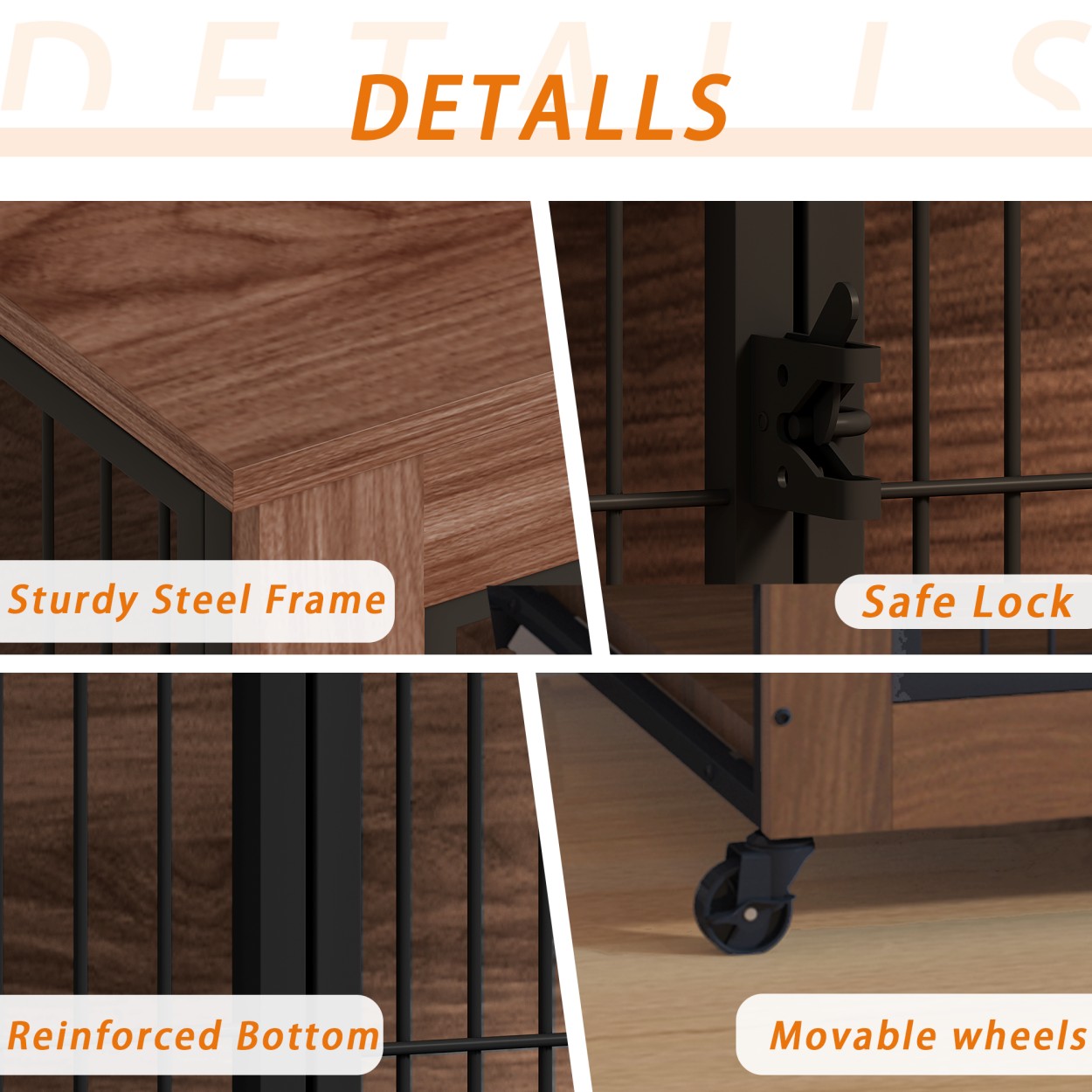38.6" Dog Crate Furniture with Wheels for Small Dogs, Wooden Indoor Kennel with 2 Doors, Heavy Duty Metal Dog Cage End Table, Double Door Pet Crate, Brown