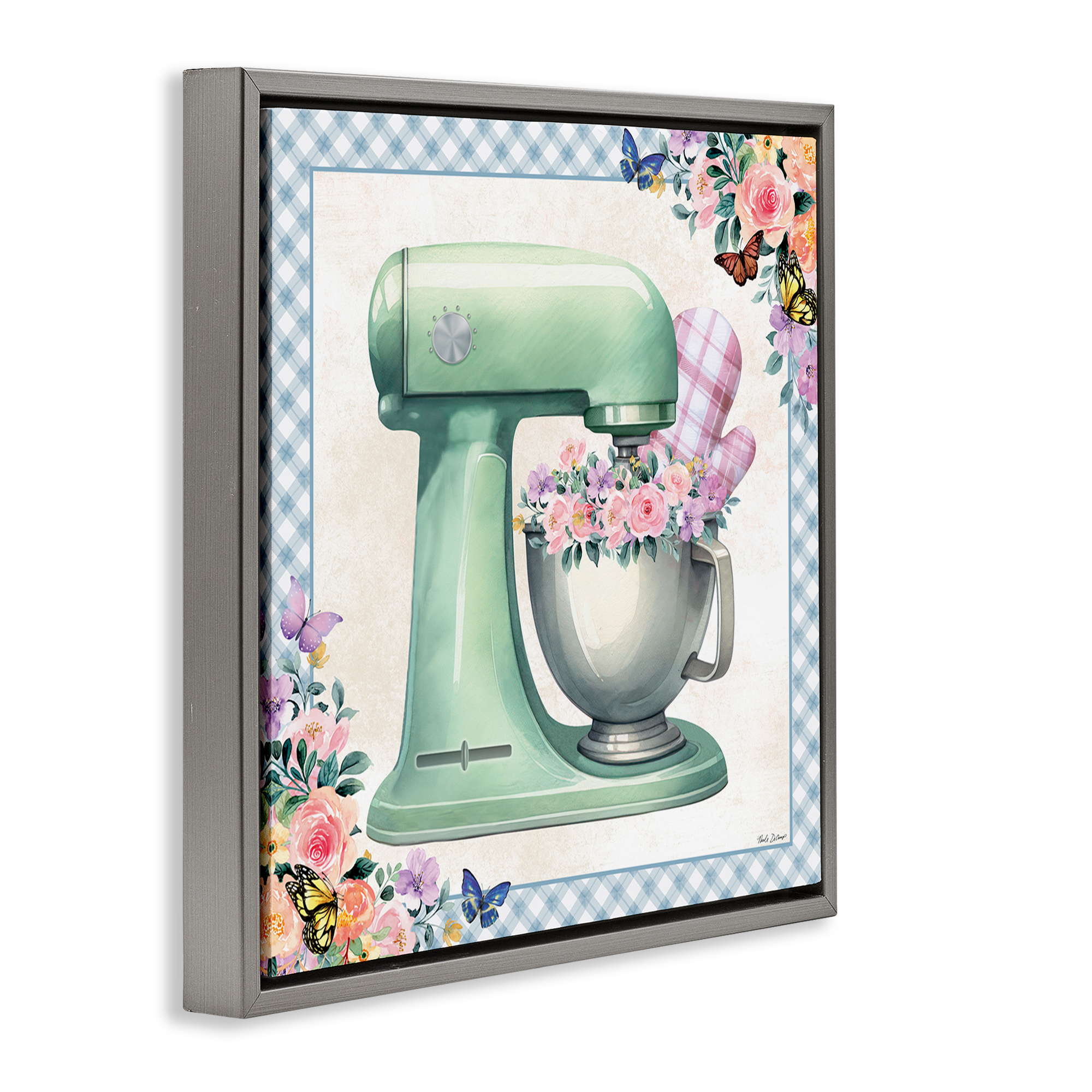 Stupell Industries Kitchen Mixer with Flowers Food & Beverage Painting Gray Floater Framed Canvas Art Print Wall Art, 25 x 25