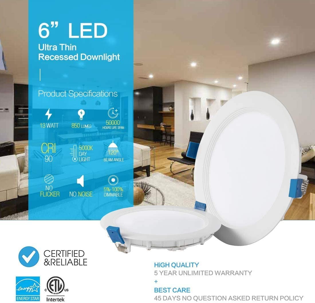 Ultra Thin Ceiling Downlight with Junction Box 850lm 110W Eqv ETL and Energy Star Certified SAATLY 13W 6 inch LED Recessed Lighting Pack of 12 3000K Daylight Dimmable