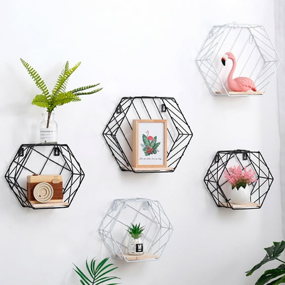 SPRING PARK Floating Shelves Wall Mounted Metal Wire Art Hexagon Shelves with Solid Wood Board for Plant Display, Storage Rack & Organiser, Home Decoration Wall Shelf