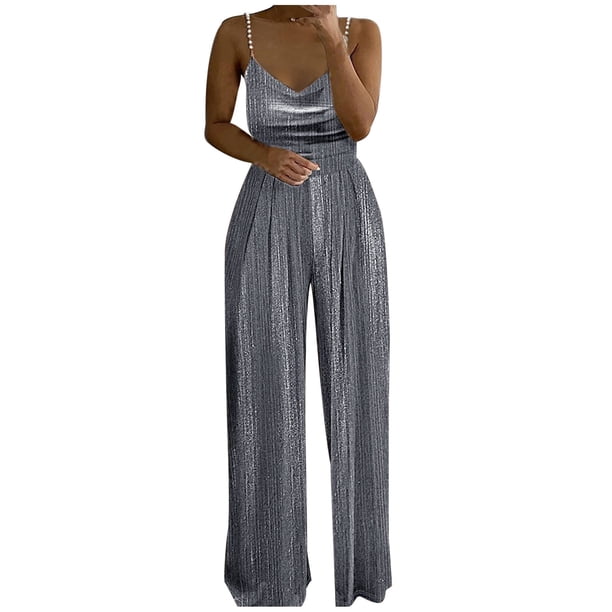Mono de mujer de color liso con dos tirantes de perlas y cuello en V - Mono de cintura alta para fiestas de verano, S-XL
