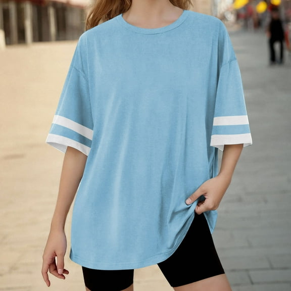 CQONEPT Big Girls T Shirts Loose Fit Short Sleeve Tees Crewneck Color Block Summer Baggy Basic Tops for Teen Blue 10-11 Years