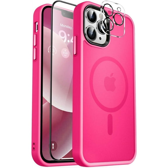 Strong Magnetic for iPhone 12 Pro Max Case,[Compatible with Magsafe][Glass Screen Protector Camera Lens Protector] Slim Thin Shockproof Cover Phone Case for iPhone 12 Pro Max 6.7", Hot Pink