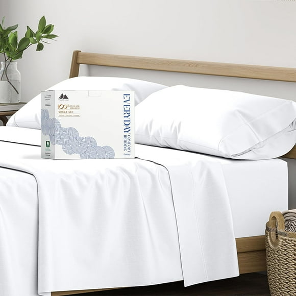 SHILIU-100% Organic Cotton Percale Sheets King Size - White Cotton Percale Sheets King, 4 PC King Percale Sheet Set, Breathable, Crisp, Cooling Sheets, 16" Deep Pocket Hotel Sheets King Size