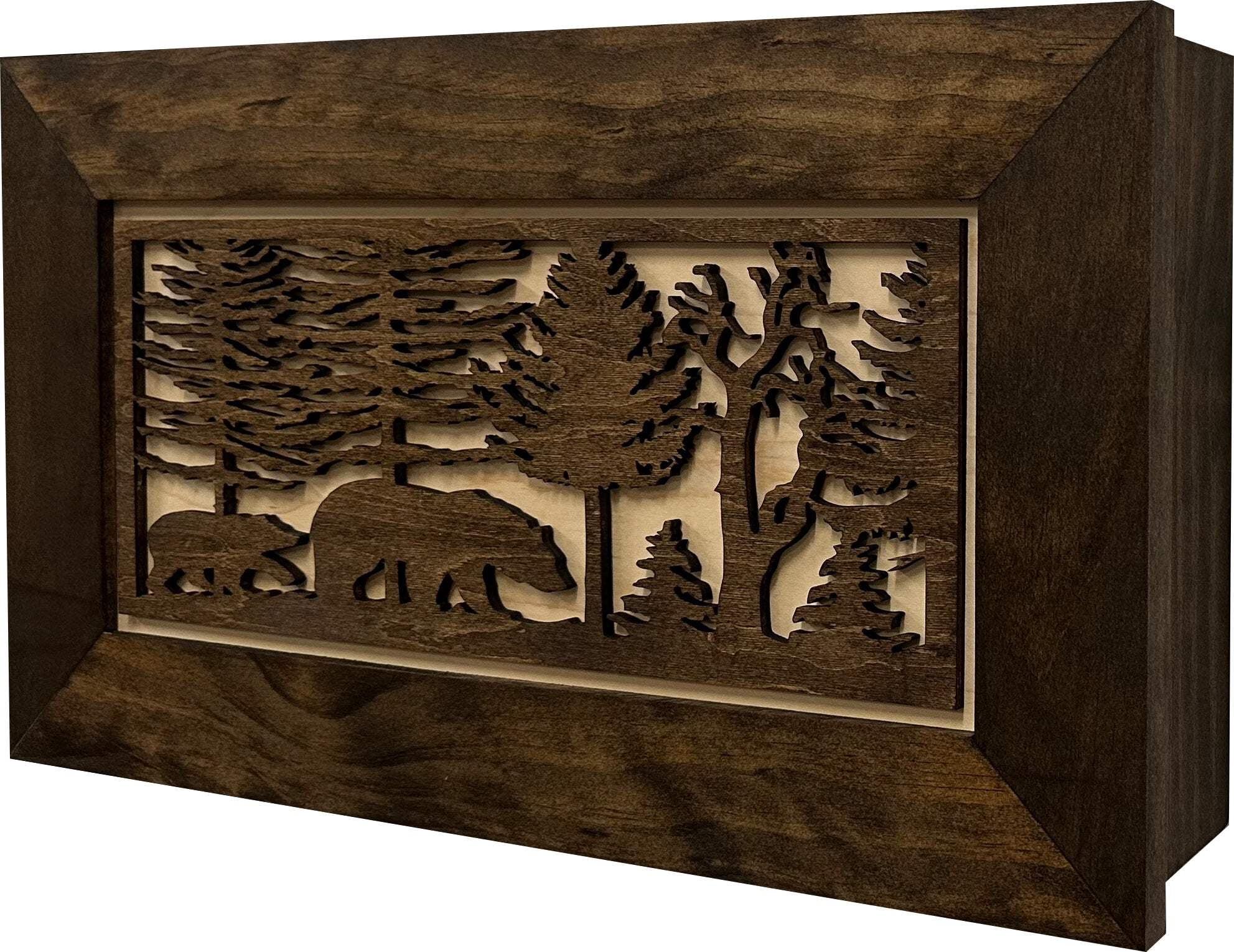 Bellewood Designs Wood Gun Cabinet Wall Decor, Bears in the Woods, Hidden Gun Safe, Secure Pistol Storage Rack