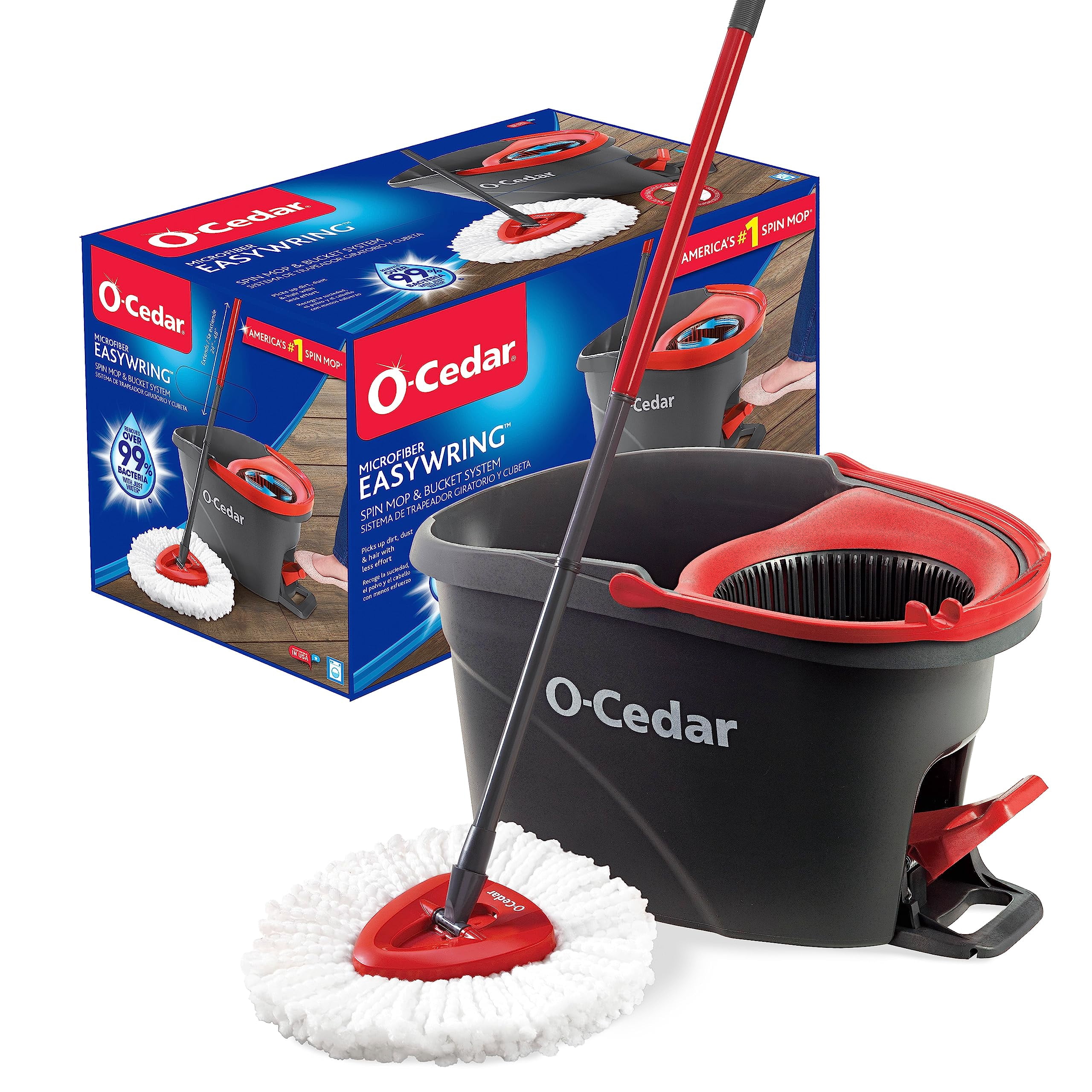 O-Cedar Easywring Microfiber Spin Mop, Bucket Floor Cleaning System, Red, Gray