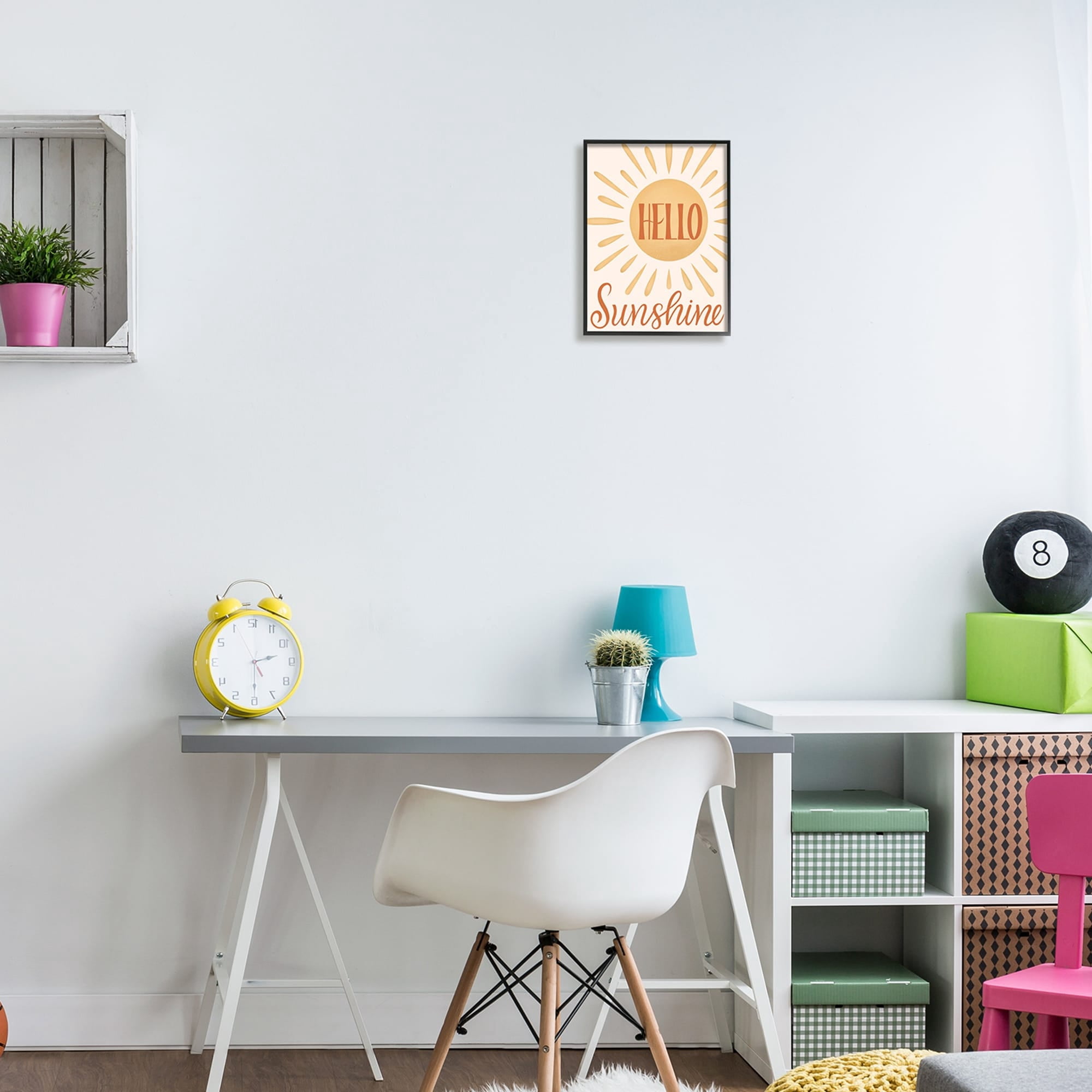 Stupell Industries Hello Sunshine Bold Calligraphy Sun Rays Shining Framed Wall Art, 24 x 30, Design by Jalynn Heerdt