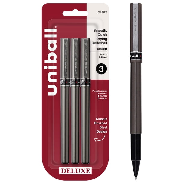 Bolígrafo Rollerball Uni-Ball Deluxe, 0,5 mm, tinta negra, paquete de 3