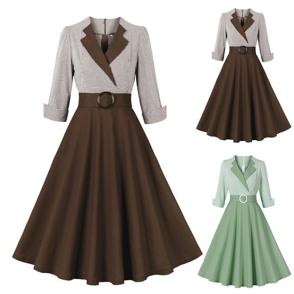 Ashirexll Midi Dresses for Women, Womens Winter Dresses, Ladies Vintage Three Quarter Sleeve V-Neck Formal Evening Gown