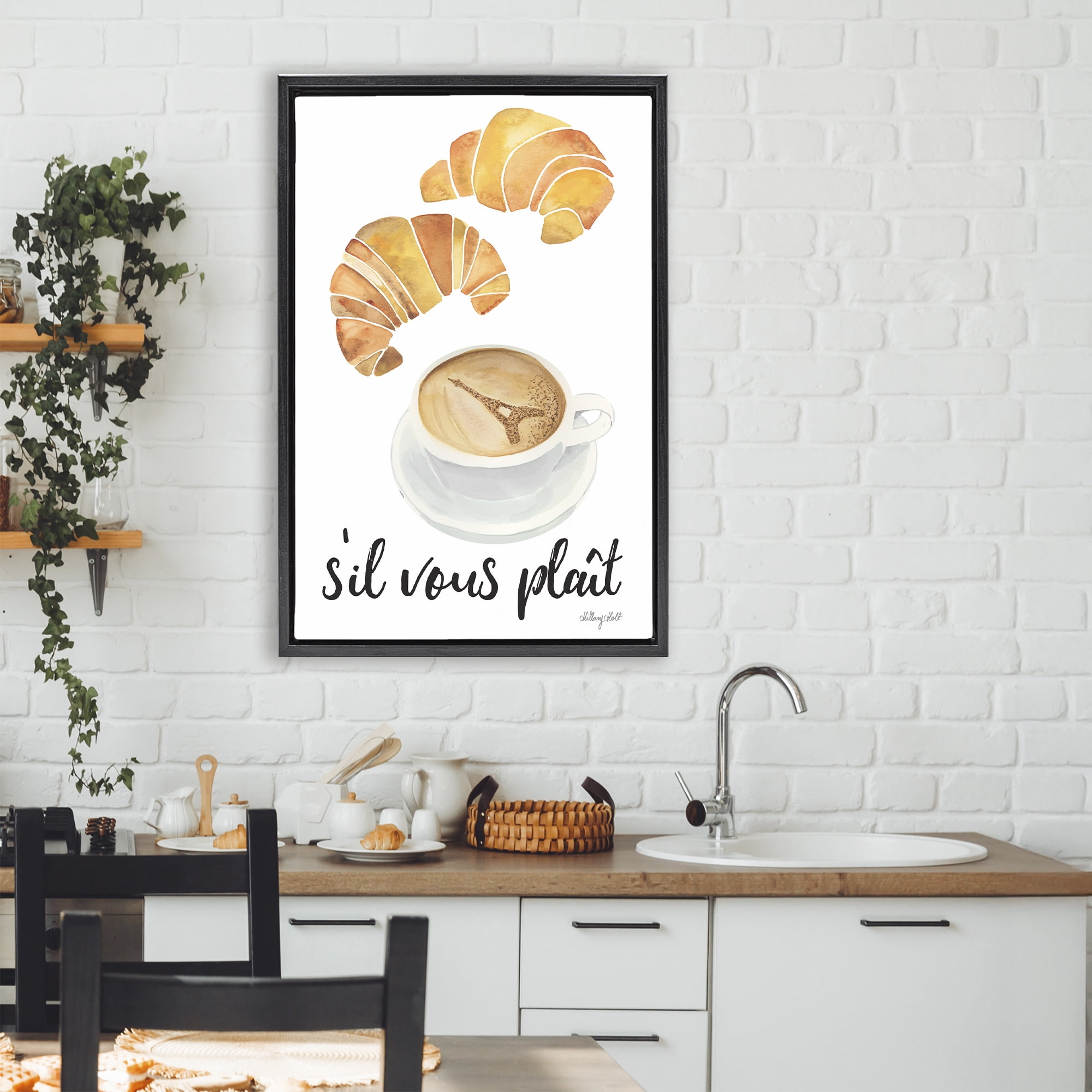 Stupell Industries Paris Croissant and Coffee Black Framed Floater Canvas Wall Art, design by Hillary Holt