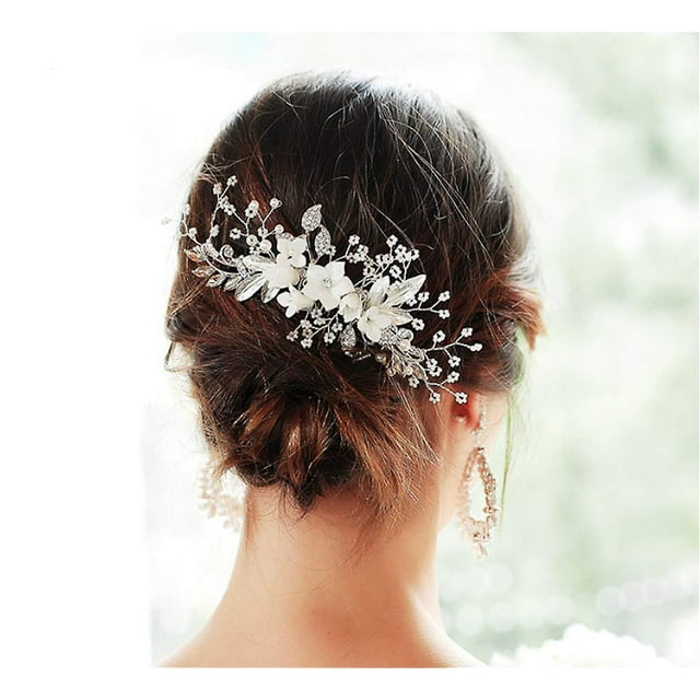 Ifeng Bridal Rhinestone Flower Veil Side Comb Hair Clips Headpiece Wedding Hair Accessories White Bride Hair Piece Styling Hairpins Headband For Weddi