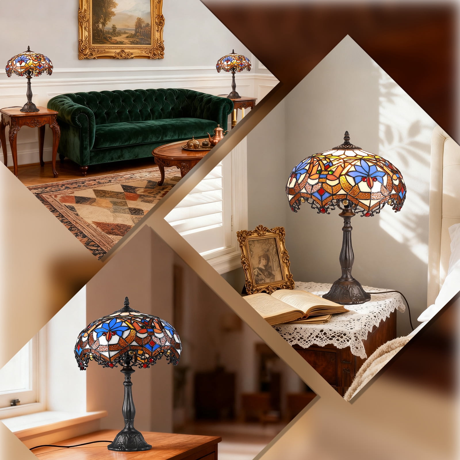 SUNMORY 18.5'' Stained Glass Tiffany Style Table Lamps, Bedroom Bedside Reading Desk Light for Living Office Dormitory Bar Retro Unique Cute Accent Decor Cottage Village Gift Nightstand Lamps