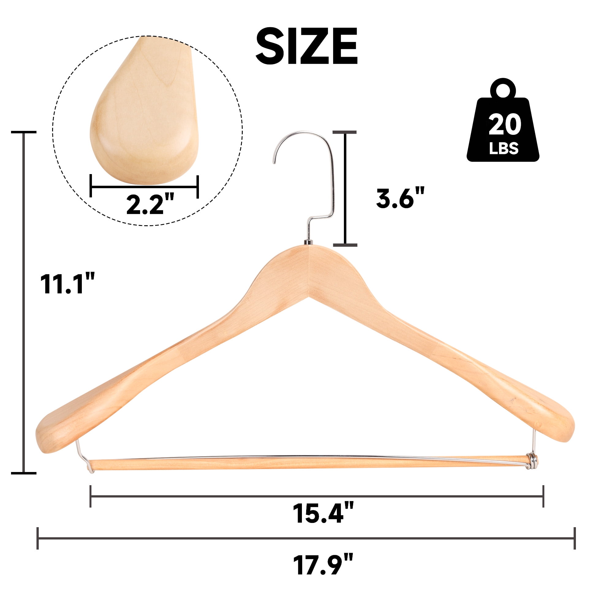 BP4U 6-Pack Premium Wide Shoulder Wooden Suit Hangers, Heavy-Duty Non-Slip Solid Wood Coat Hangers with Locking Bar for Suits & Coats(Natural Wood)