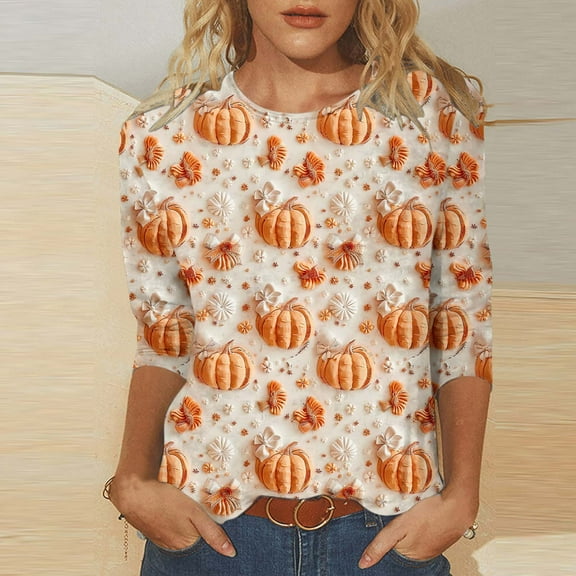 VKOYWKM Pumpkin Top for Women Halloween 3/4 Sleeve T-Shirts Halloween Spooky Print Crew Neck Pullover Tees Loose Fit Comfy Fall Tunic Tops Halloween Costumes