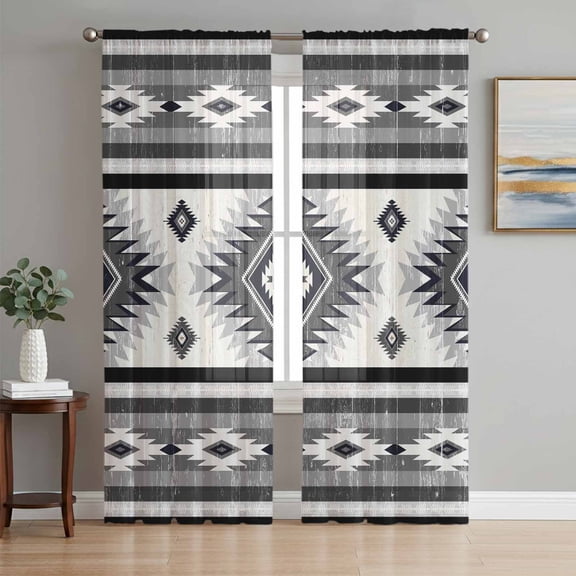 Gray Boho Sheer Curtains 96 Inch Length 2 Panels Set, Southwestern Ethnic Aztec Retro Geometric Voile Window Treatment Semi Sheer Long Curtains Drapes for Bedroom/Living Room/Kitchen 52"x96"x2