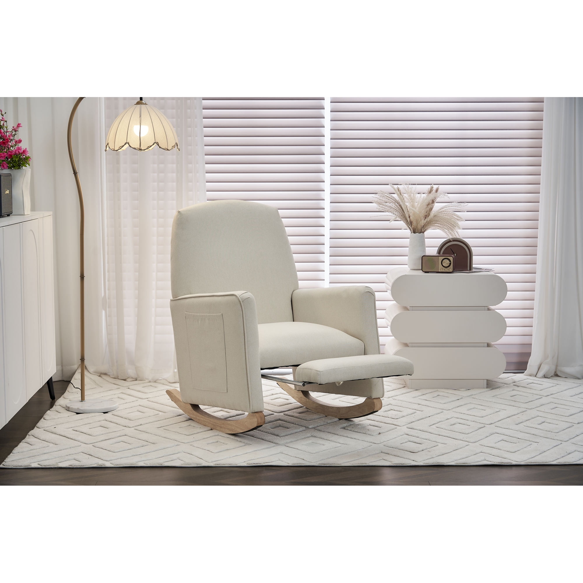 Jopath Nursery Rocking Chair,Cotton Linen Upholstered Rocking Chair with Adjustable Footrest,Glider Rocker Chair with High Backrest for Living Room,Bedroom,Beige