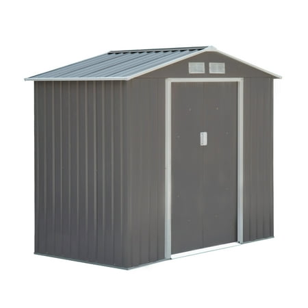 Outsunny 4' x 7' Outdoor Metal Garden Shed Utility Tool Storage, Steel Backyard House with Sliding Door, Gray and White