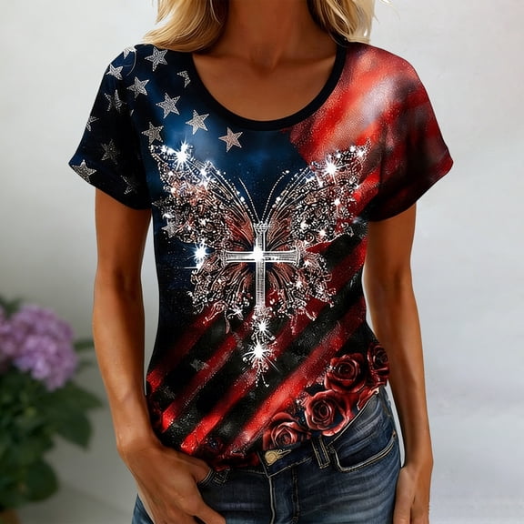 HOWPAY Independence Day T Shirts for Women 4th of July American Flag Patriotic Pullover Short Sleeve Crewneck Tops Summer Vintage Y2K Clothes Red L
