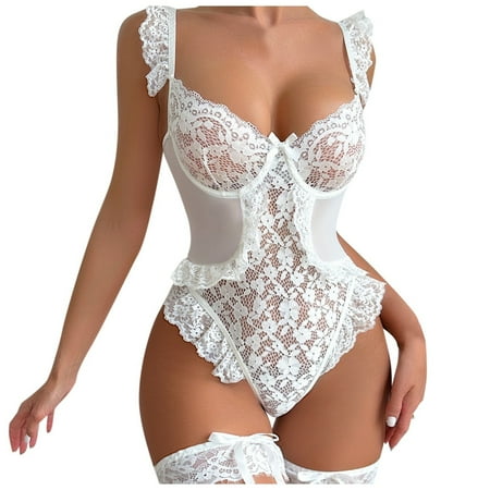 BYHONG Lace Sexy Sheer Mesh Bodysuit for Women  Seamless Lace Teddy Lingerie See Through Jumpsuit Womens Underwear White M