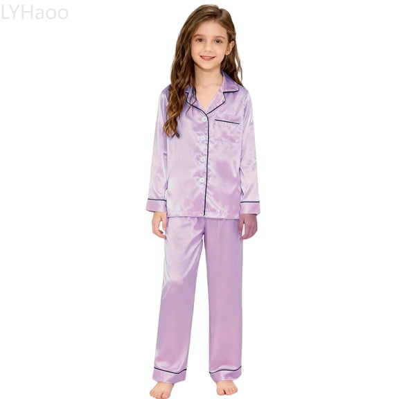 LYHaoo Girls Silk Like Pajama Comfortable Soft Sleepwear For Toddlers And Kids Elegant Solid Color Loungewear For Bedtime And Relaxation Girls Outfit Sets Sizes 3-4 years(Purple)
