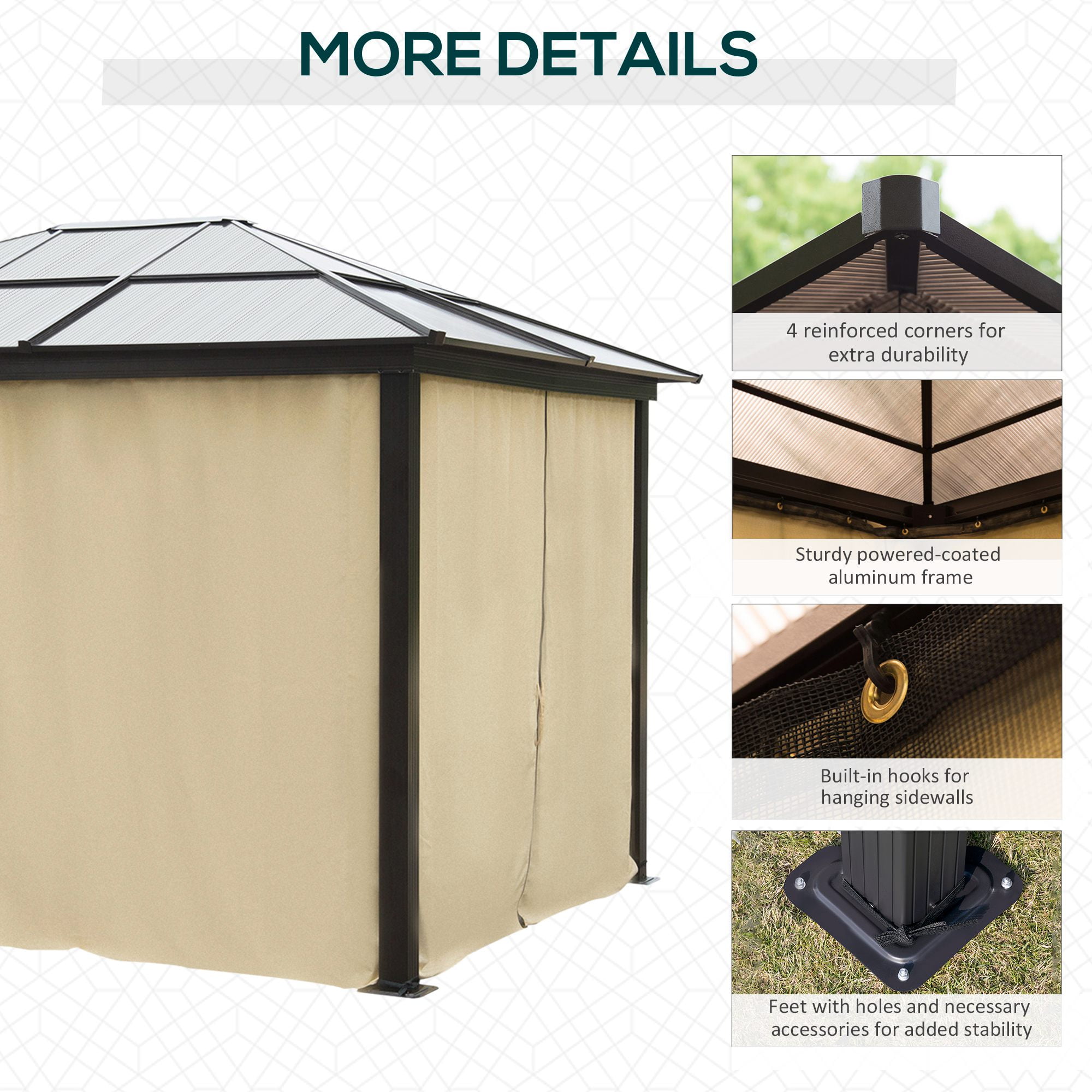 Outsunny 10' x 12' Hardtop Gazebo Canopy with Polycarbonate Roof, Aluminum Frame, Permanent Pavilion Outdoor Gazebo with Netting, for Patio, Garden, Backyard, Deck, Lawn, Black, Beige