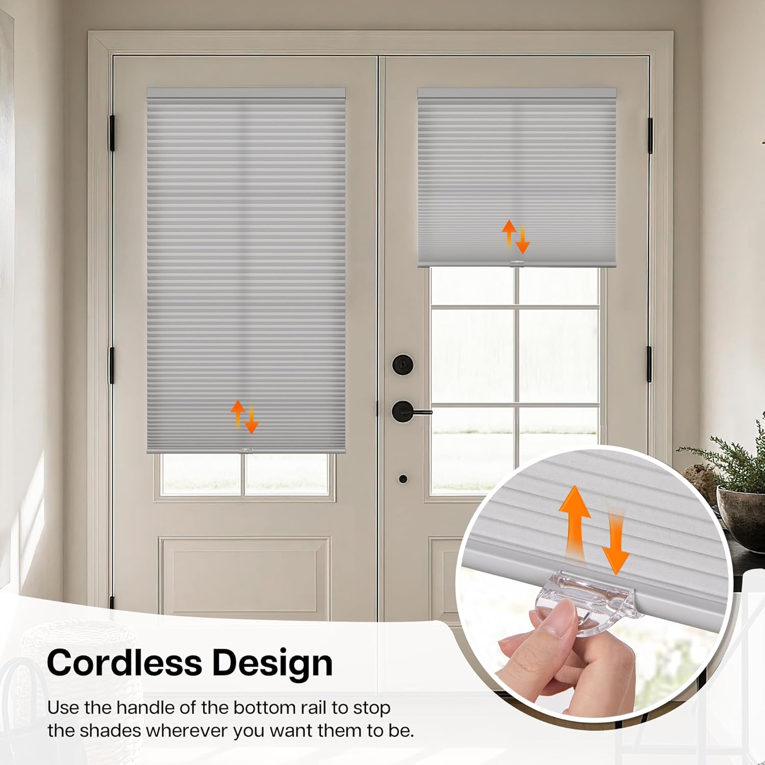 LazBlinds Cordless Cellular Shades for French Doors, No Drill French Door Blinds for Privacy, Light Filtering Honeycomb Shades for Front Door Patio Sliding Glass Door, 1 Pack, 34" W x 78" H, Grey