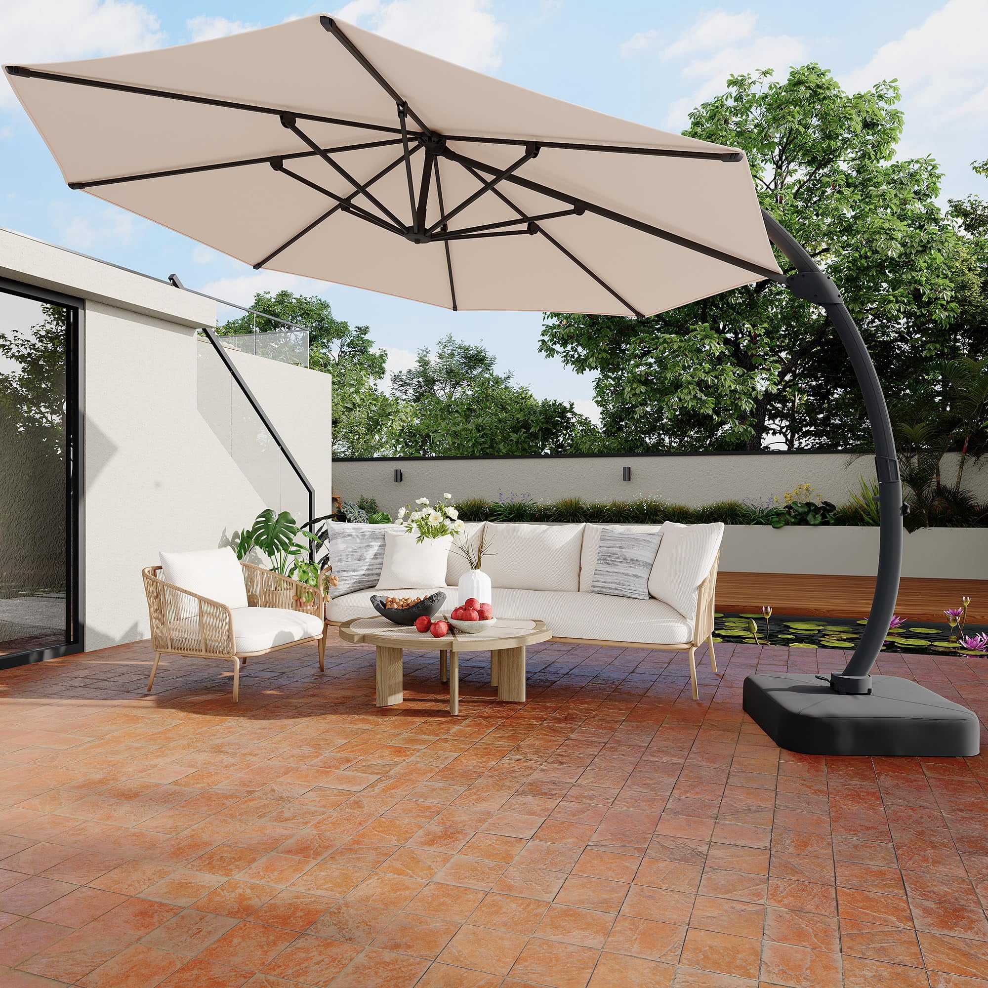 Memoryfield Outdoor Large Round Aluminum Cantilever Market Umbrella, Heavy-Duty Offset Patio Umbrella with 360° Rotation & Base Included, Khaki