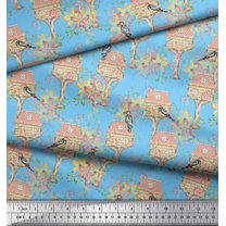 Soimoi Blue Silk Fabric Treehouse & Woodpecker Bird Fabric Prints By Yard 44 Inch Wide