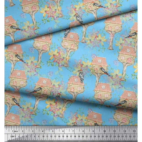 Soimoi Blue Silk Fabric Treehouse & Woodpecker Bird Fabric Prints By Yard 44 Inch Wide