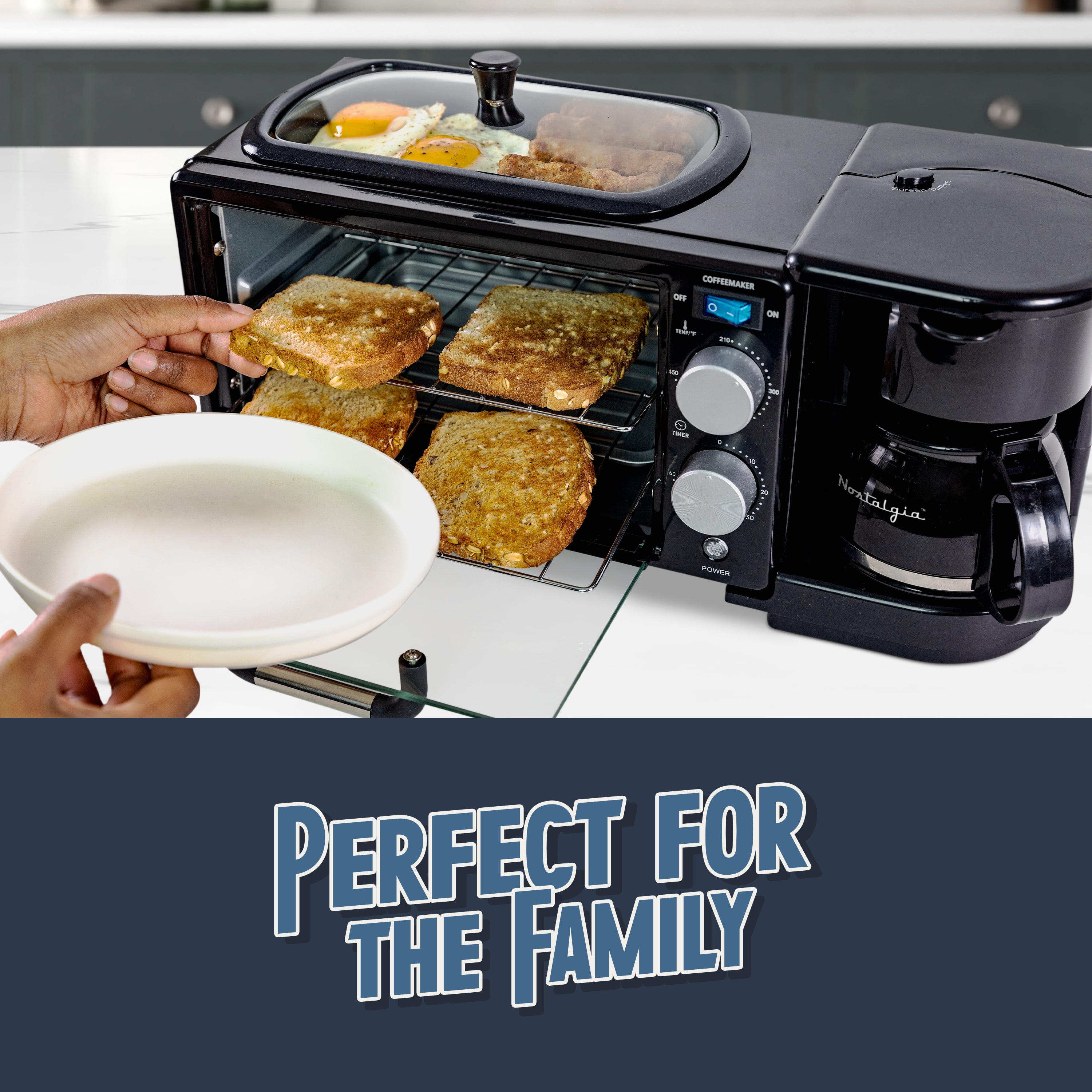 Nostalgia Retro 3-in-1 Breakfast Station with Coffeemaker, Griddle, and Toaster Oven, Black