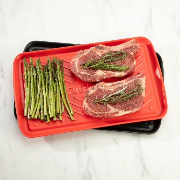 Grilling Prep & Serve Trays, 17x10.5 inch BBQ Tray for Food Handling, 2 Dishwasher Safe Nesting Trays Black & Red