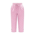 thumbnail image 3 of Gingham Capris for Women Petite Linen Cropped Pant Lightweight Dressy Casual Wide Leg Elastic Waist Summer Pull on Ladies Palazzo Capri Trouser with Pockets Pink S, 3 of 6