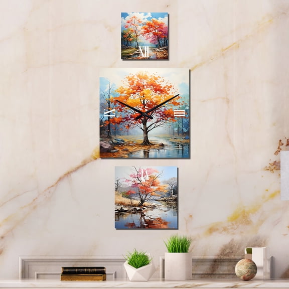 Designart "Maple Liveliness Palette" Trees Oversized Wall Clock - Set Of 3 - Extra large Traditional Clock For Office Décor - Large Vertical Clock