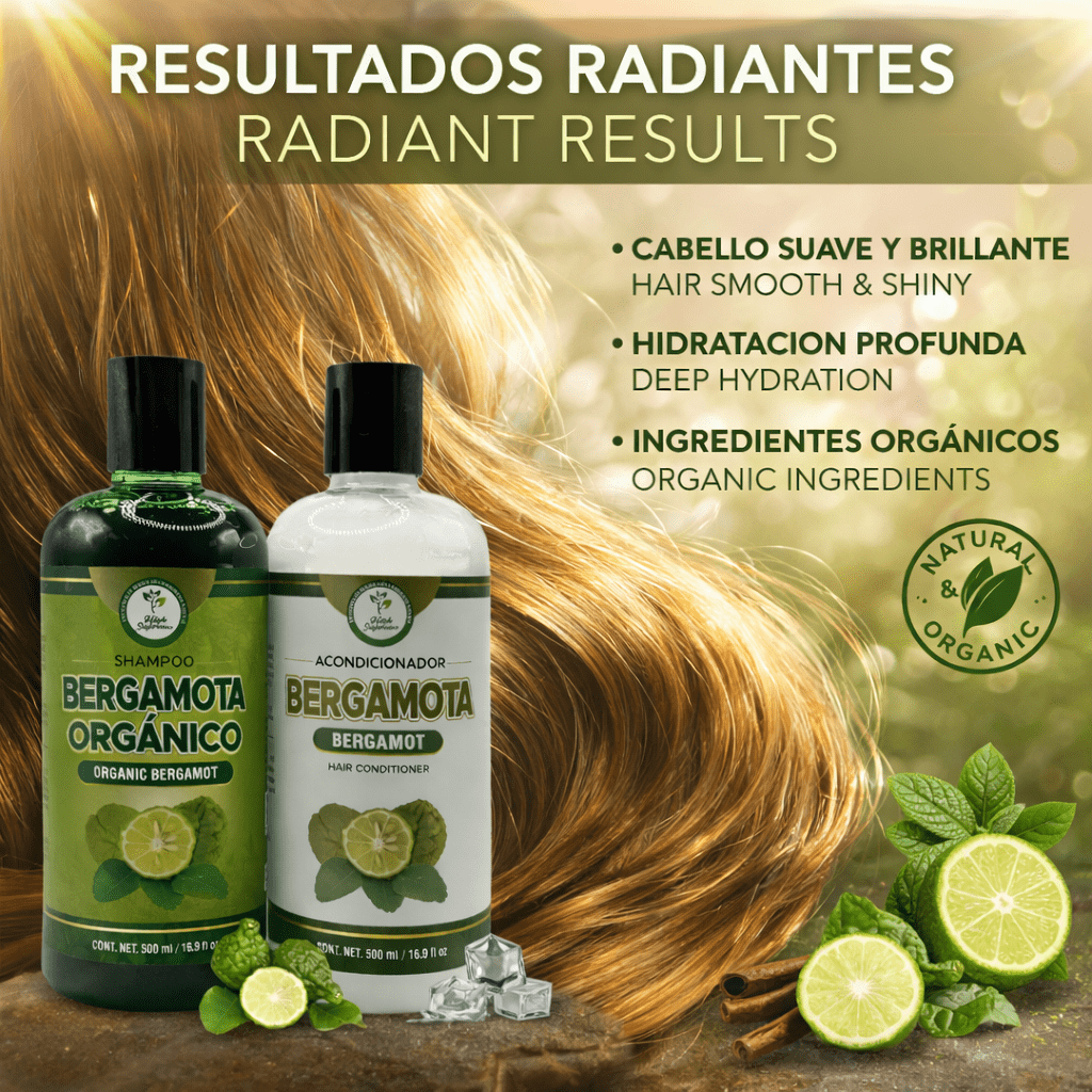 Shampoo Organic Bergamot + Conditioner (16.9 fl oz) with Aloe Vera & Rosemary | SHAMPOO ORGÁNICO BERGAMOTA con Sábila & Romero + Acondicionador - 500 ml - Biotina