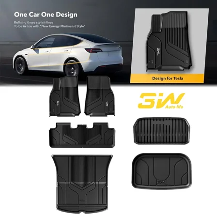 3W Floor Mats & Cargo Liner and Storage Mats For Tesla Model Y 2020-2023 All-Weather TPE Car Mats for Tesla Model Y Full Set Black Floor Mats and Trunk Mat Custom Fit for Tesla 5-Seater
