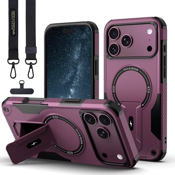 Magnetic Rugged Case for iPhone 18 Pro Max, Compatible with MagSafe, Heavy Duty Shockproof Kickstand Phone Cover with Lanyard,Burgundy