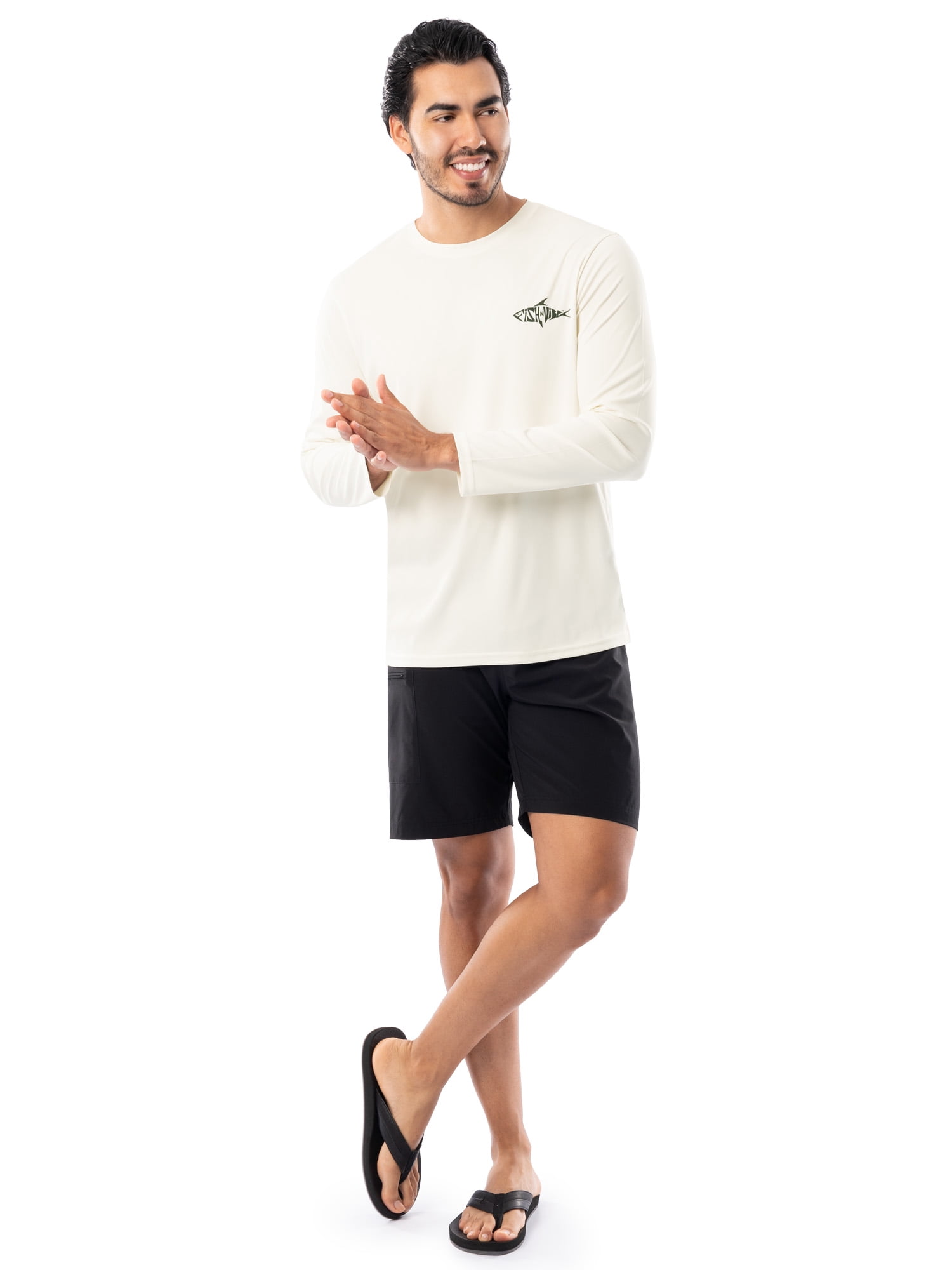 Fish N Vibe Men's Long Sleeve Performance Fishing Graphic Tee, Cream Swirly Rainbow Trout, Medium