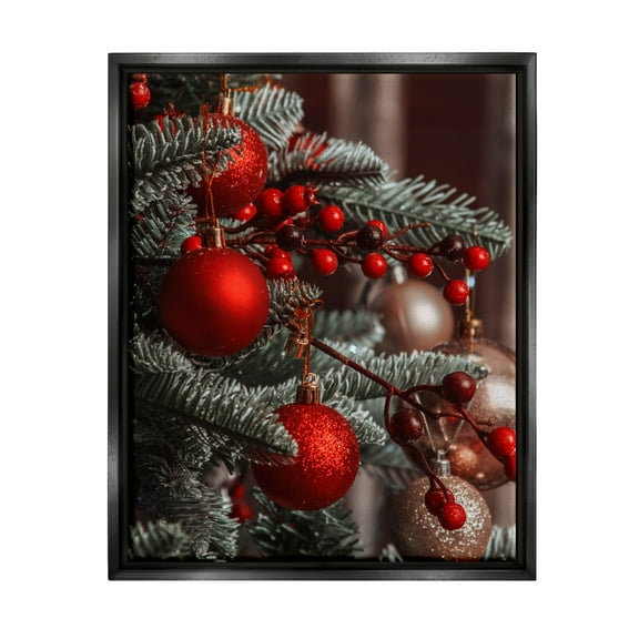 Hanging Red Ornaments Christmas Tree Holiday Photograph Jet Black Framed Art Print Wall Art